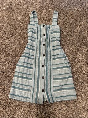 Roxy Striped Button Front Mini Dress Small Blue White Cotton Sleeveless Pockets